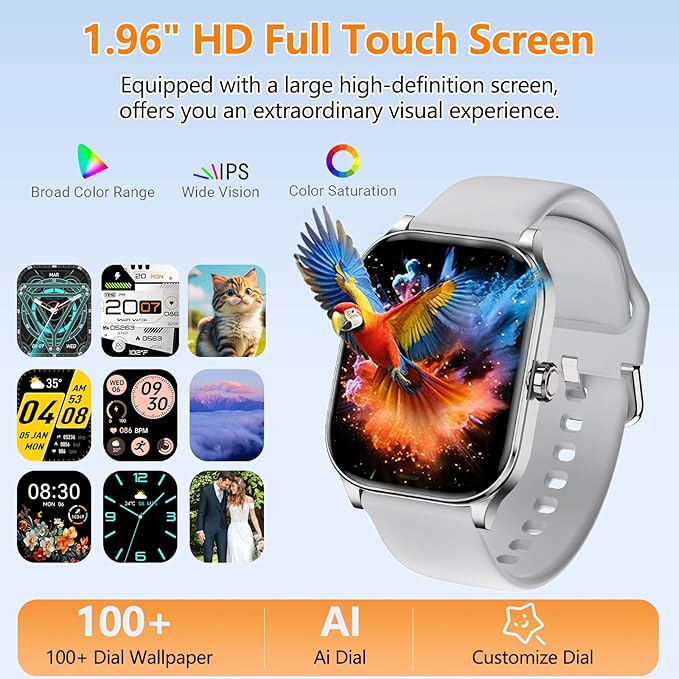 Smart Watch for Women Men with Text and Call, Smartwatches with Heart Rate/SpO2/Sleep/Stress Monitor, 100+ Sports Modes, Fitness Watches Compatible with iOS/Android (Silver, 1.96")
