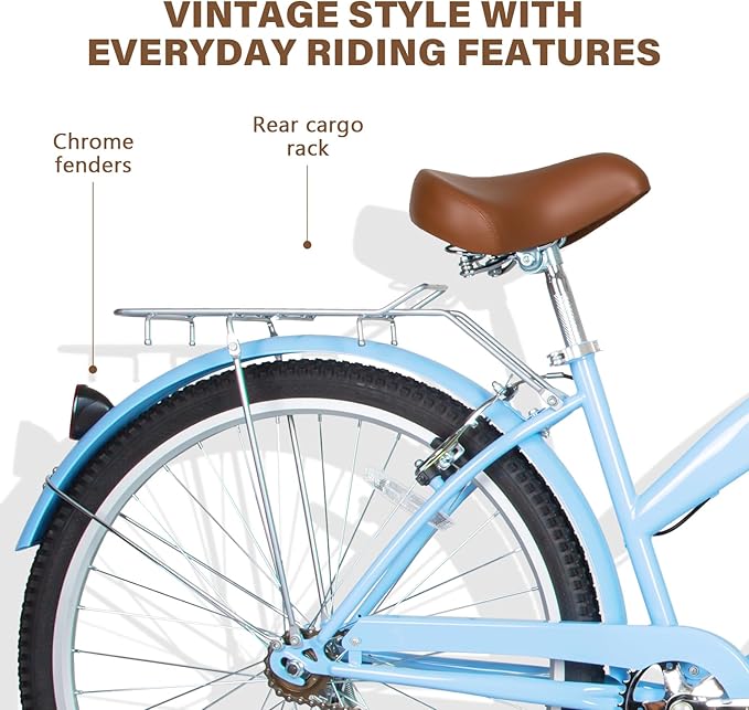 WEIZE Beach Cruiser Bike, 26 inch Commuter Bicycle for Adult Men and Women,High-Carbon Steel/Front & Rear Fenders, Comfortable City Bikes with Rear Rack or Basket, Ergonomic Upright Design
