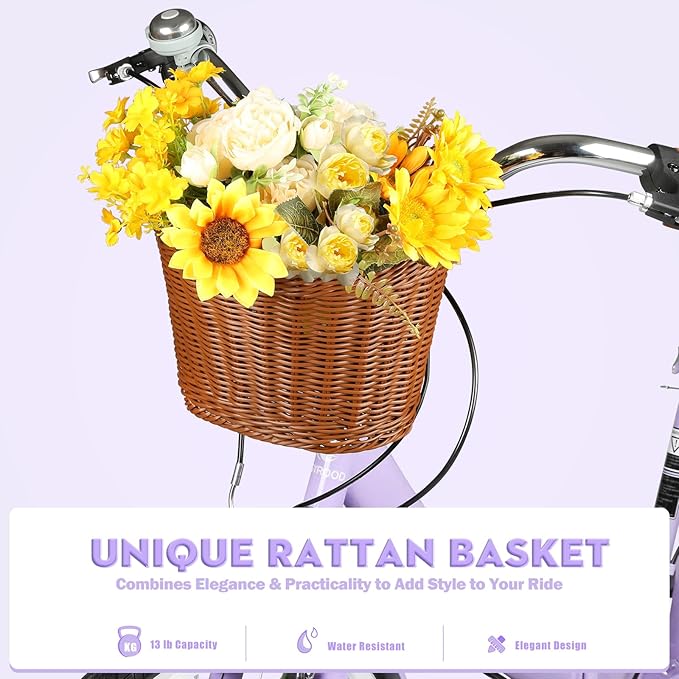26Inch Foldable Women Bike, Womens Folding Bike with Basket, 7 Speed Beach Cruiser Fodable Bike for Women with Cushion, V-Brakes, Quick Install for Adults, Womens (Purple)