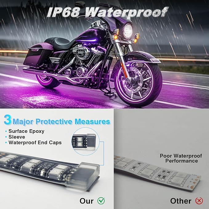 12PCS Double Row Motorcycle RGB LED Light Kits with Brake Turn Signal, Super bright Underglow Light with APP/RF Remote, Neon Accent Waterproof 12V for Sport Bike, Cruiser, Street & Off-Road Motorcycle