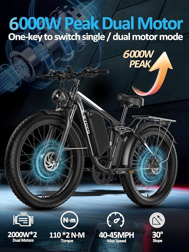 6000W Electric Bike for Adults, 52V 32AH Dual Motor E-Bike, Up to 100Mile & 45MPH All-Terrain Fat Tires Full Suspension 24/26 Inch Electric Bicycles Hydraulic Disc Brake for Road UL2849 by SGS