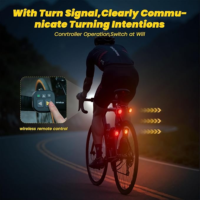 Smart Bike Lights System-Taillight,Headlight&Turn Signal,Sync Front&Rear Bike Light for Night Riding,3+2+1 Light Modes Rechargeable Bicycle Light with Remote Controller,IP67 Waterproof Day/Night Mode