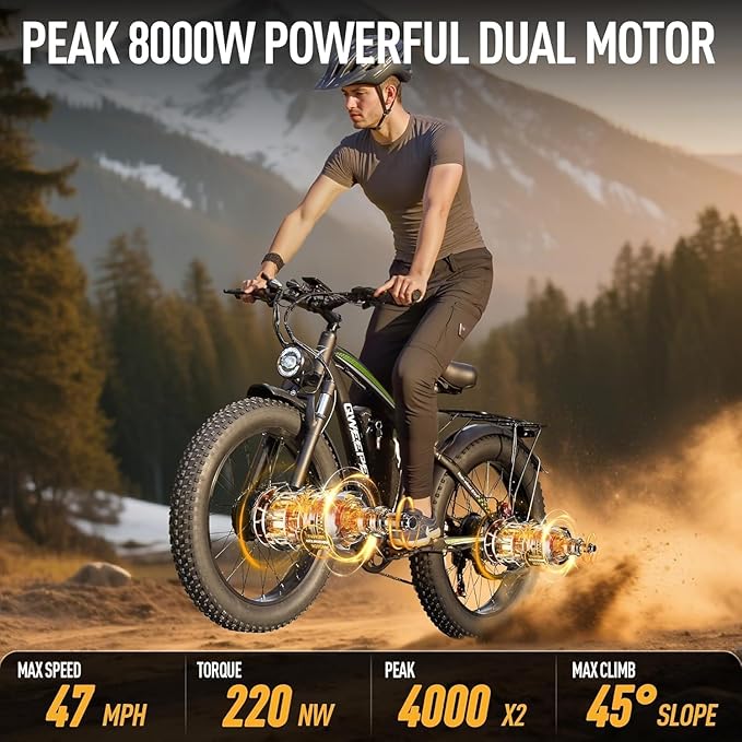 Peak 8000W 58V Max Output Dual Motor Ebike 40-47MPH Electric Bike for Adults 36AH Battery 105 Miles Range 24 Inch Fat Tire Electric Bicycles for Snow Off-Road Commuter Mountain E-Bike