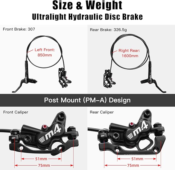 ZTZ 4-Piston MTB Hydraulic Brake Set, Left Front 850mm and Right Rear 1600mm Hydraulic Disc Brake Kit with PM/is Adapter, Fits for eBike, Mountain Bike and BMX