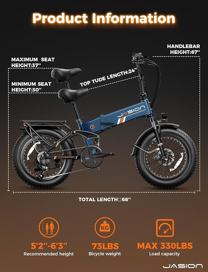 Jasion X-Hunter ST/PRO Foldable Electric Bike for Adults with 20'' Fat Tire,Up to 71-80 Miles Range Ebike,1800W/1400W Peak Motor,30+MPH E Bike,Full Suspension&Dual Hydraulic Disc Brakes Bicycles