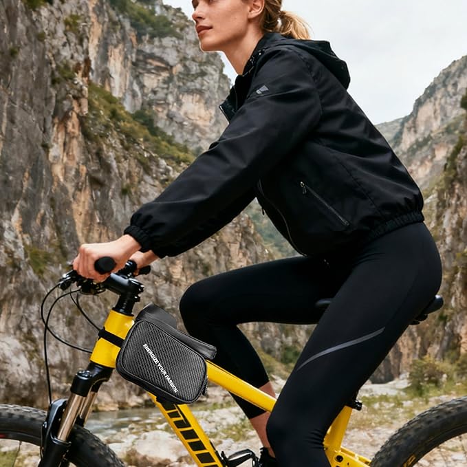 Portable Bag Bike, Waterproof Touchscreen Phone Holder, 8 Inches Road Bike Top Tube Pouch with Zipper, Polyester Cycling Storage with Reflective Strips, Electric Scooter Gear Organizer Easy Access