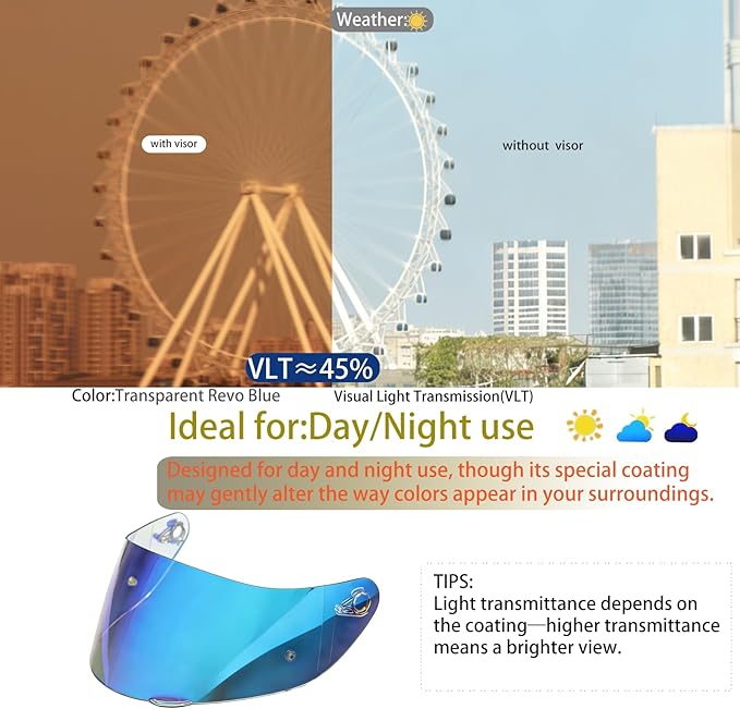 Motorcycle Helmet Visor for AGV K1 K1S K3SV K5 K5S, Anti-Scratch UV Protected Full Face Shield, High-Definition Tinted Mirror PC Lens, Day & Night Riding (Transparent Revo Blue)