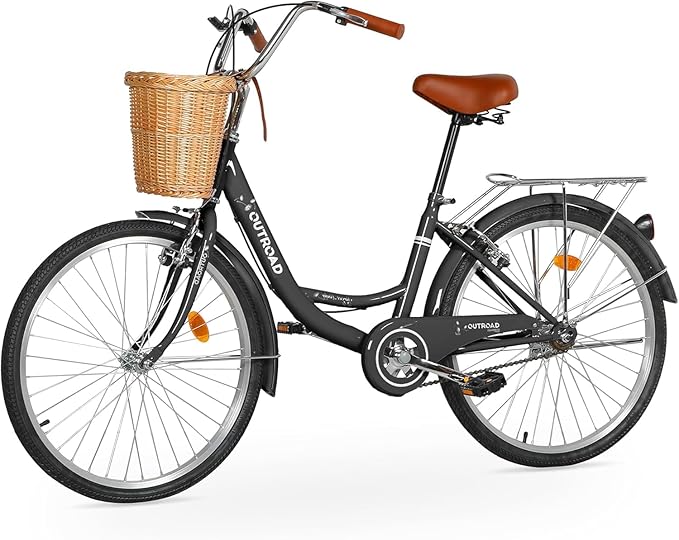 Outroad Beach Cruiser Bike, 24/26 inch Commuter Bicycle for Adult and Women,High-Carbon Steel Comfortable City Bikes with Rear Rack and Basket, (Black/Pink/White/Green/Purple)