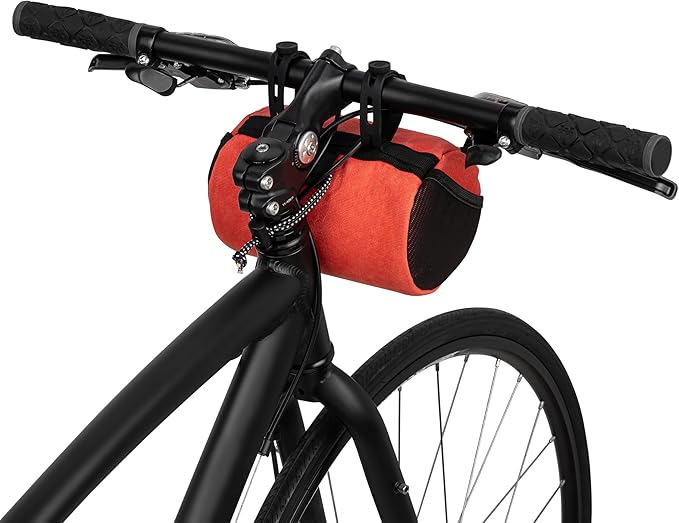 Bike Handlebar Bag – Waxed Canvas Exterior with Quick-Access Waterproof Zipper, Side Mesh Pockets and Spacious Storage – Ideal for Cycling, Commuting and Adventure Rides (Red/Orange)