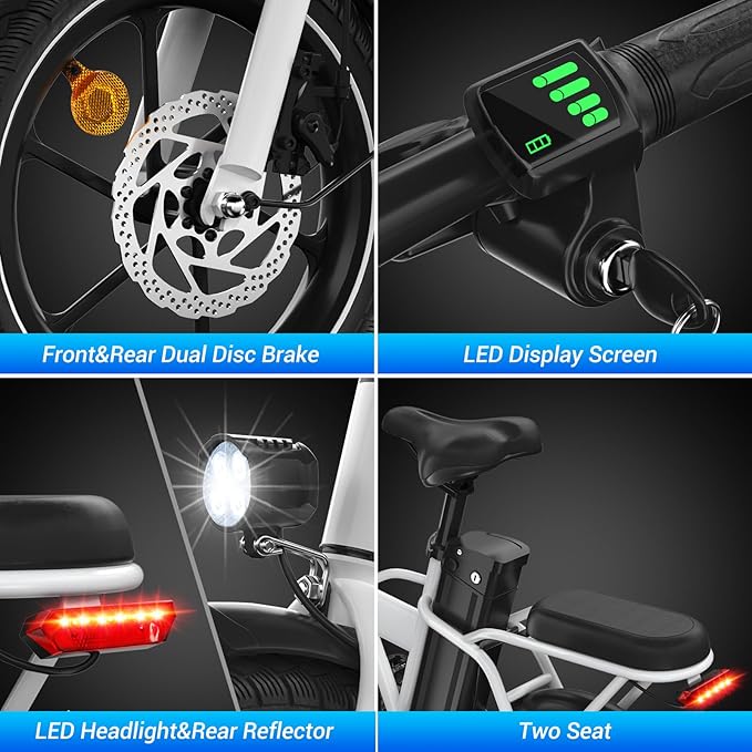 SEHOMY 2-Seat Electric Bike for Adults 630W Peak Motor, 25MPH Folding Ebike, 16" Adults Electric Bicycles with 30° Uphill, 288WH Removable Battery, 35 Miles Long Range, Commuter E Bikes Teens 14+