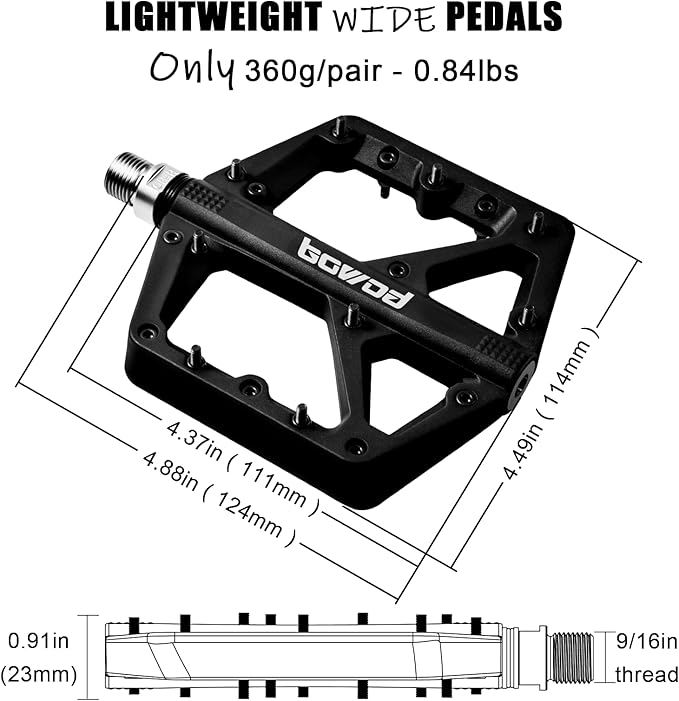 MTB Pedals Large Mountain Bike Pedals, Lightweight Nylon Fiber Composite Bicycle Platform Pedals, Grippy Pedals w 18 Pins, Cr-Mo Spindle fit w 2 Bearings, Clipless Pedals for BMX MTB Bike 9/16"