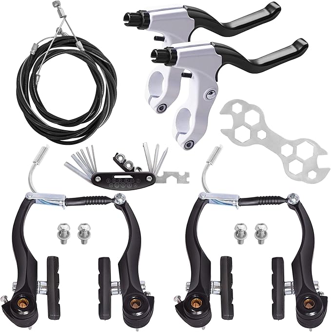 Complete Bike Brakes Set, Universal Bike Front and Rear MTB Brake, Inner and Outer Callipers Cables Lever Kit with Multi-Tool Wrenches Black White