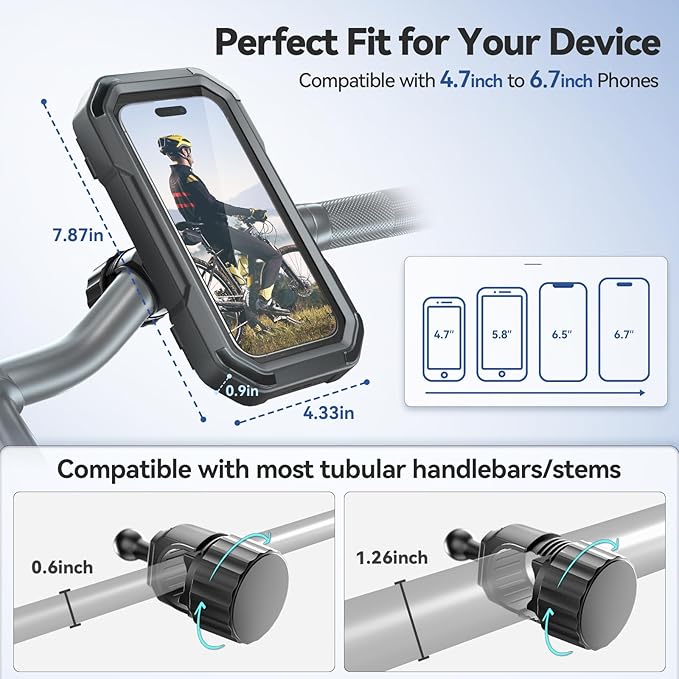 KDD Waterproof Bike Phone Holder - 360 Rotation Motorcycle Phone Mount, Fully Enclosed Touch Sensitive Design, Bicycle Phone Clamp Compatible with iPhone 16 Pro Max/15/14/13/12,4-6.7” Phones