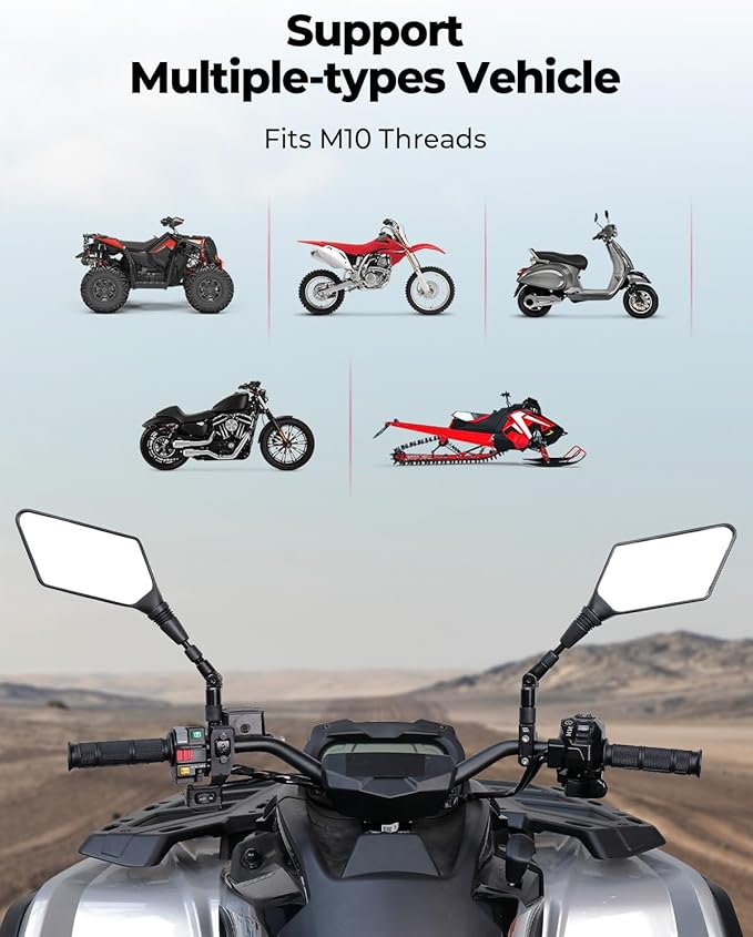KEMIMOTO ATV Mirrors, 8MM 10MM Foldable Motorcycle Mirrors with 7/8" Handlebar Mounts, Clear Vision fit ATV Motorcycle Scooter Bike, Compatible with Polaris Sportsman, Outlander, Raptor