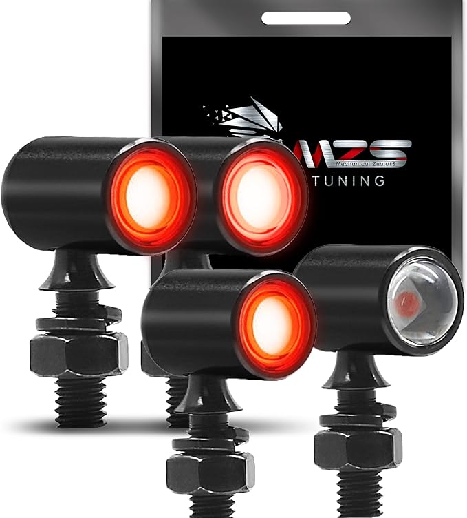 MZS Motorcycle LED Turn Signals, Front Light Red+Red and Rear Red Mini Brake Tail Light Blinkers, Universal 6mm Screw Compatible with Most Family Motorcycles