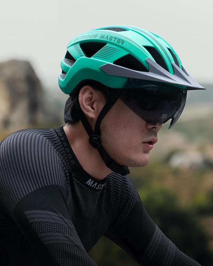 OutdoorMaster Adult Bike Helmet - Bicycle Helmet with Rechargeable Rear LED Light, Detachable Magnetic Goggles, Removable Sun Visor - Suitable for Commuting and Cycling for Men and Women