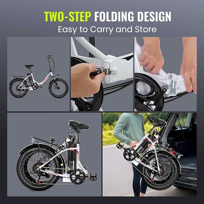 Vivi MT20UL Portable Electric Bike 20" x3.0 Fat Tire Foldable E-Bike with 48V 499.2WH Detachable Battery, 1000W Peak Power, Up to 50 Miles Capacity, 7-Speed, 21.7MPH, SGS UL2849 Certified