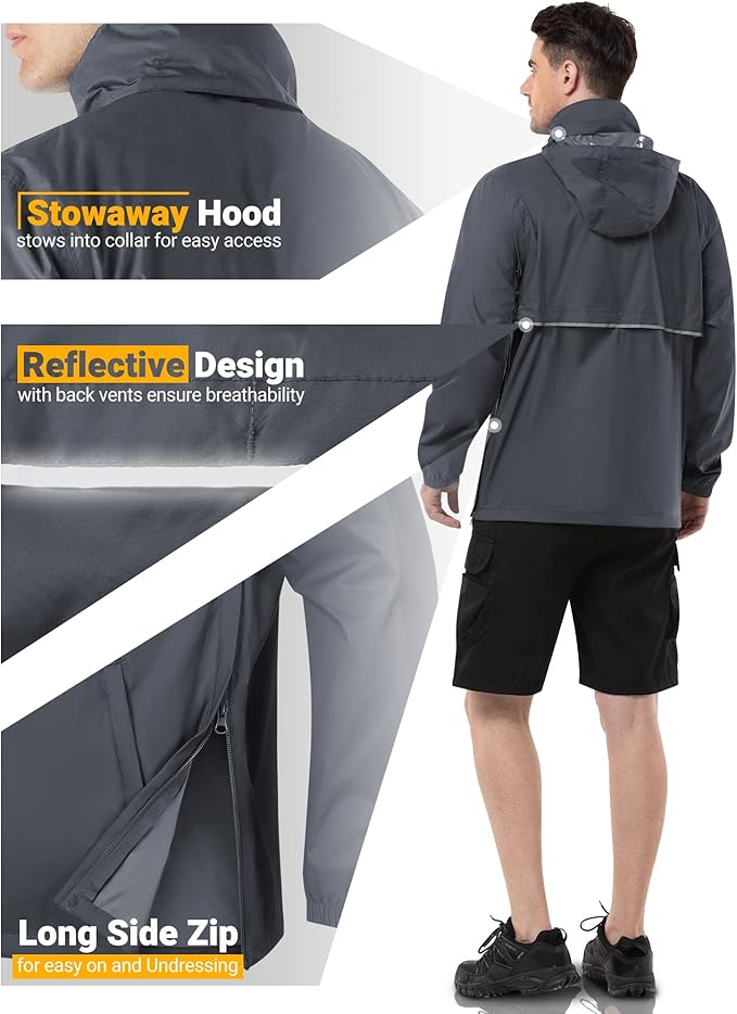 Outdoor Ventures Men's Rain Jacket Waterproof Lightweight Packable Rain Pullover for Hiking Golf Running