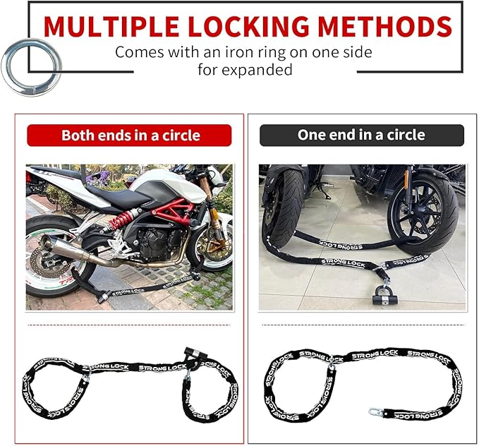 AKM Motorcycle Chain Lock Anti-Theft 8.2ft/250cm Super Long Durable 12mm Thick With 4 Keys Security 16mm U Lock for Motorcycles, Containers, Trailers, ATV