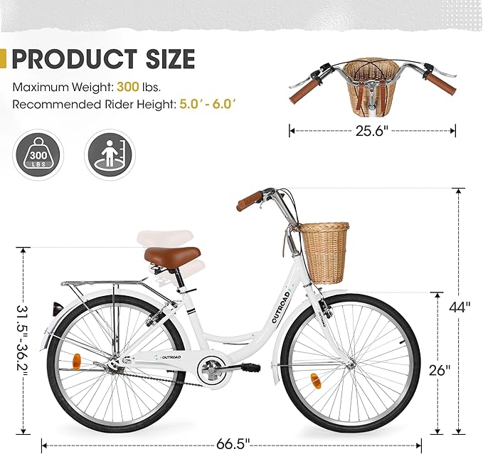 Outroad Beach Cruiser Bike, 24/26 inch Commuter Bicycle for Adult and Women,High-Carbon Steel Comfortable City Bikes with Rear Rack and Basket, (Black/Pink/White/Green/Purple)