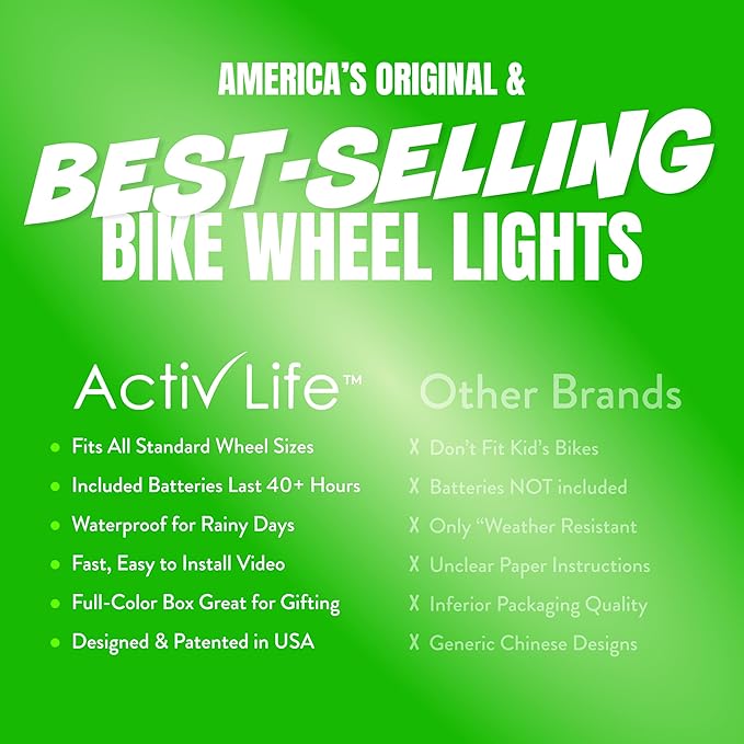 Activ Life 2-Tire Pack LED Bike Wheel Lights with Batteries Included, Get 100% Brighter and Visible from All Angles for Ultimate Safety and Style
