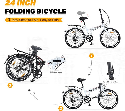 24 inch Folding Bike 7 Speed V Brake City Commuter Bicycle with Mudguard for Men Women Daily Commuting Gray/Black/White