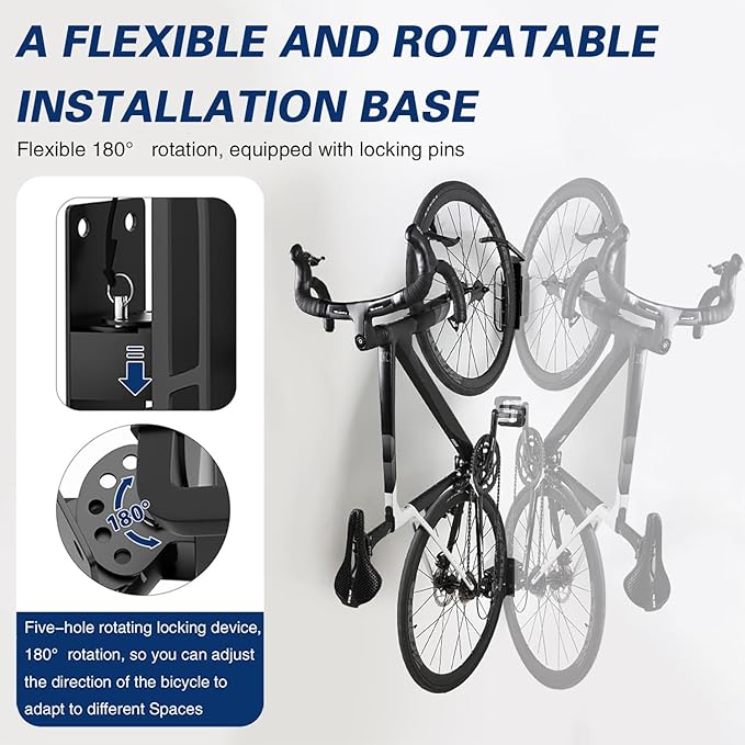 Swivel Bike Wall Mount, Metal Wall Bike Rack with Durable Sleeves, Space-Saving Vertical Bike Rack with 180° Swivel for Home and Garage, Bike Storage Hanger Mount Up to 66 lbs, 1-Pack