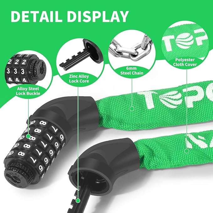 Bike Chain Lock 3.2Ft Long High Security Heavy Duty Anti Theft, 5 Digit Combination Resettable Keyless Bicycle Lock for Bike/Electric Scooter/Ebike/Motorcycle(Green)