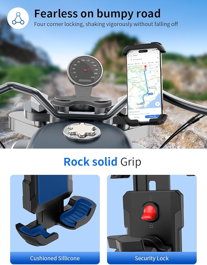 Bike Phone Holder, Motorcycle Phone Mount, [Camera Friendly] [Quick Install] [Double Locked]Clip for Scooter, 360° Rotate Cell Phone Clamp for iPhone 16 15 Pro Max/14/13, Galaxy and More 4.7-7" Phone