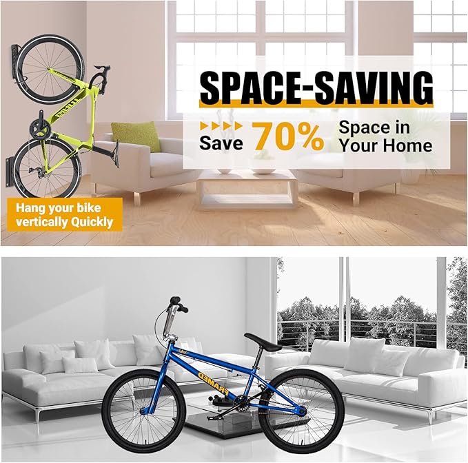 Bike Wall Mount Bike Rack Garage for Mountain Road Bikes Bicycles, Vertical Bike Rack with Screws and Tire Tray Hold up to 60lbs for Garage, Shed, Indoors- (2 Sets)