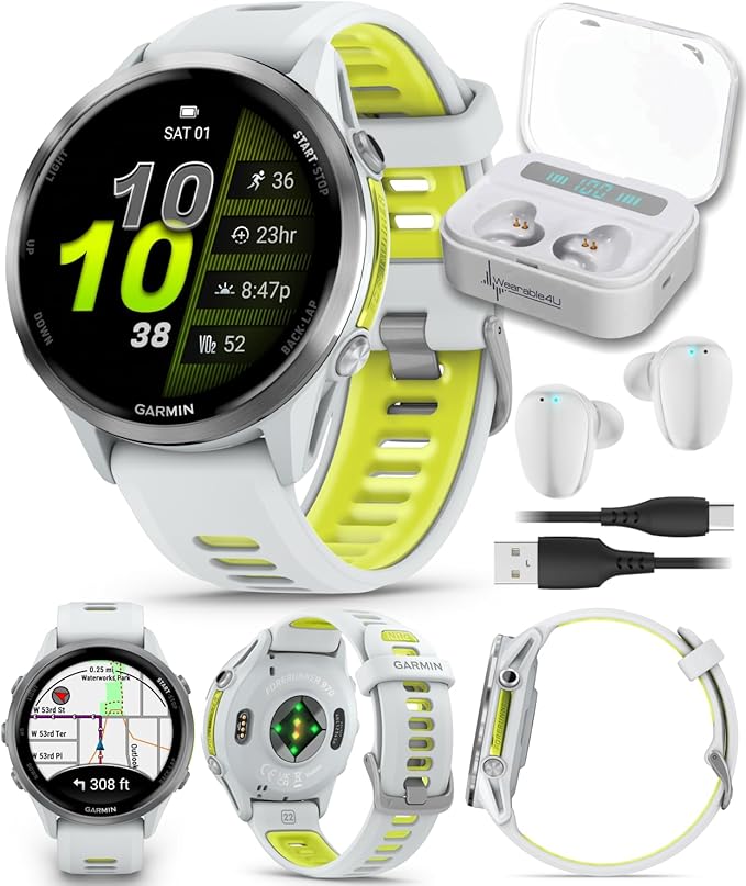 Garmin Forerunner 955, GPS Running Smartwatch, Tailored to Triathletes, Long-Lasting Battery, Whitestone with Wearable4U White Earbuds Bundle