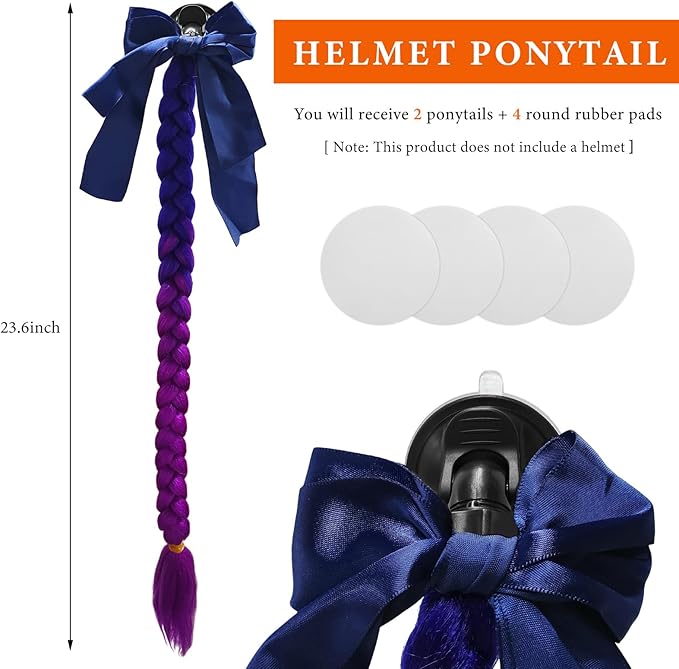 2PCS Helmet Pigtail Braids, Motorcycle Helmet Ponytail with Suction Cup, Bowknot Pigtails for Bicycle Helmet Decoration (Blue-Purple)