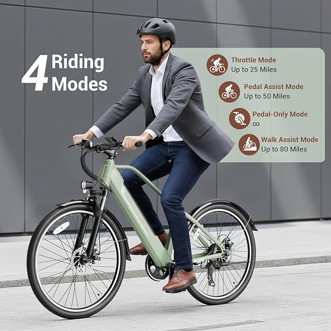 Electric Bike for Adults, Ebike 1000W Peak Motor, 25MPH Commuter Ebike, Up to 40 Miles Range, 26" Electric Bicycle for Adults with 375WH Removable Battery, All-Terrain E-Bike for Leisure(Green)