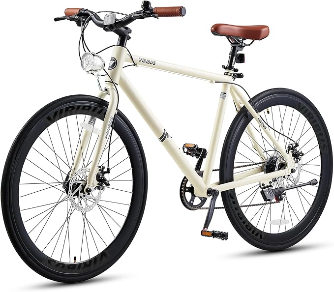 VIRIBUS Hybrid Bikes, 28 inch Mens Hybrid Bicycle 7 Speed with Lightweight Aluminum Frame & Disc Brakes, 700C Retro Vintage Adult Bike for Tall Men & City Commuters, 85% Pre-Assembled