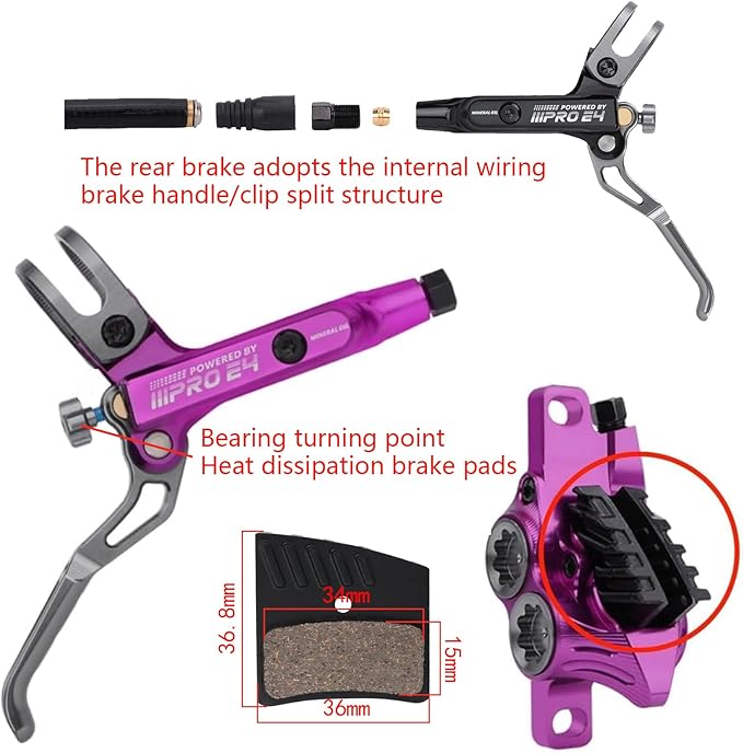 MEROCA IIIPRO E4 Hydraulic Disc Brake Set - 4-Piston MTB Brakes, 641N Braking Force, TUV Certified, Lightweight 475g, for Mountain/E-Bike/Folding Bicycles