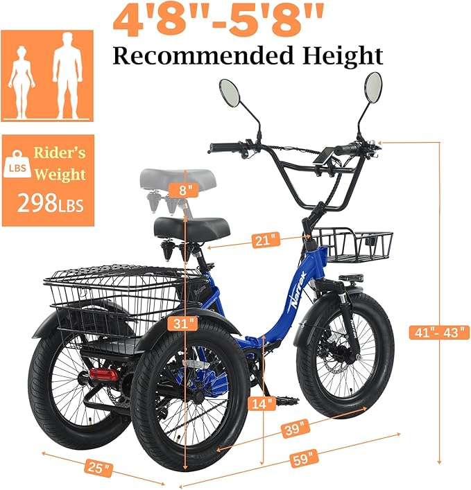 Electric Tricycle for Adults,Fat Tire Folding Electric Trike,3 Wheels Electric Bicycle Bikes, Peak 700W Step-Thru Etrike with 468WH Removable Battery and Large Basket for Women Men