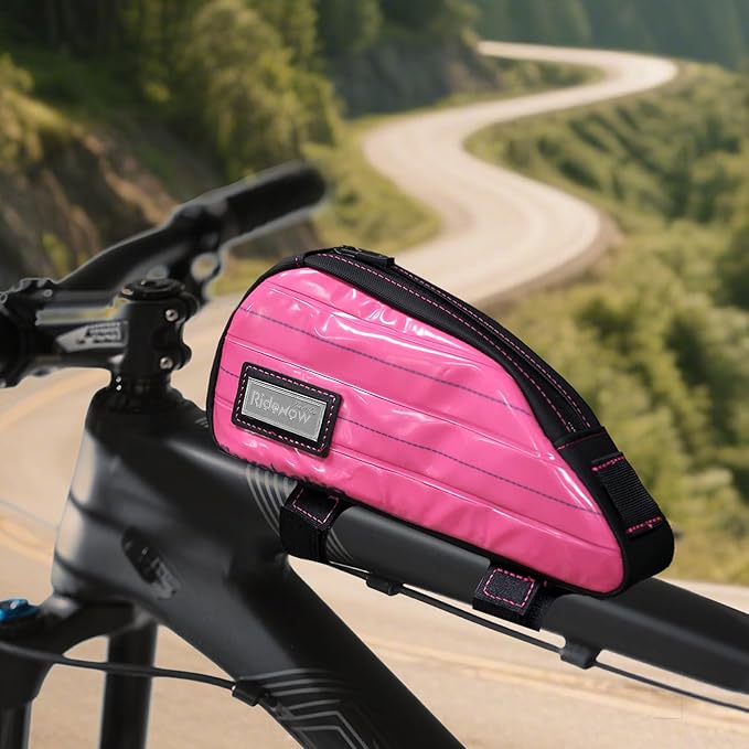 RideRow Compact Bike Top Tube Bag – Waterproof Bicycle Frame Pouch, Fits Up to 6.1" Phone, Narrow No-Rub Design, Secure 3-Point Mount, Cycling Storage for Mountain & Road Bike (Pink)