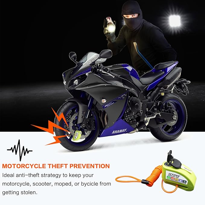 IZTOSS Motorcycle Alarm disc Lock 110 dB disc Brake Lock Waterproof Anti-Theft Anti-Shock Sensor with 4 ft Warning Cable and Carrying Bag for Motorcycles, Bicycles and Scooters. (Fluorescent Green)
