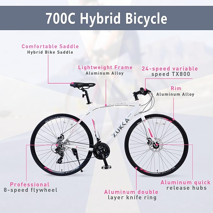 ZUKKA 700C Road Bike for Adult 24-Speed Unisex Hybrid Road Bicycle, Alloy Frame/Dual-Disc Brakes/Multiple Colors