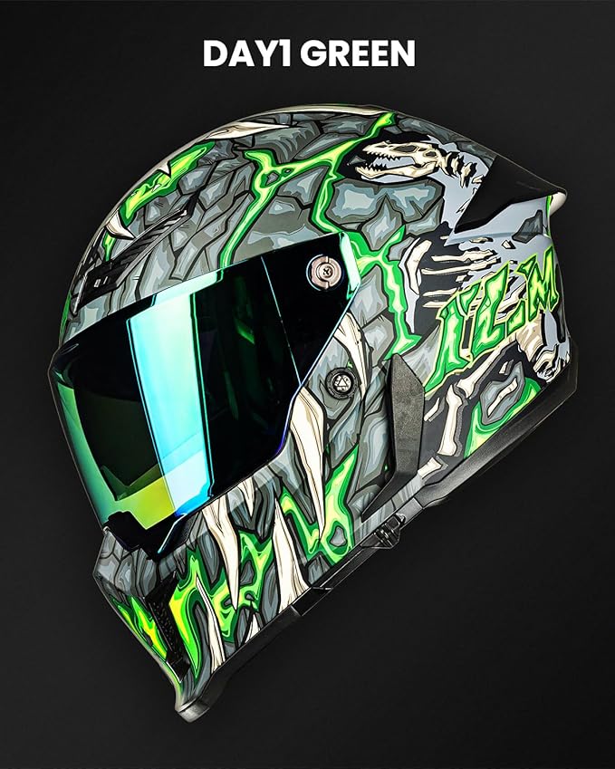 ILM Motorcycle Helmets for Adult Men Women Full Face DOT ECE Powersports Dual Visor Street Racing Helmet with Pinlock Cascos para Motos Model MF509 (Day1 Green, L)