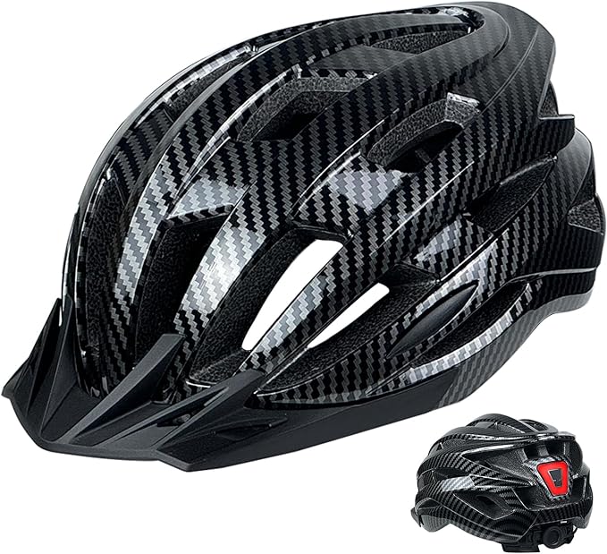 Bike Helmet for Adult Men Women with Multi-Mode Rear LED Light, with Suggested Fit 56-62cm, Lightweight with Adjustable Dial, Side and Chin Strap, Carbon Black Shiny Surface