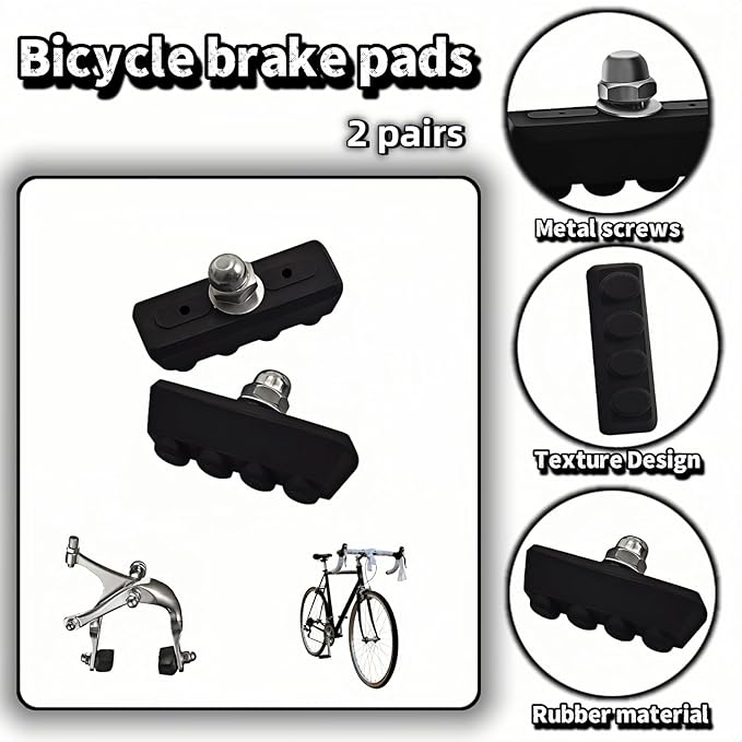 Bicycle Brake Pads 2-Pairs - Road Bike Caliper Brake Pads - Quiet All-Weather Brake Shoes with Quick Mud/Drain Slots - Compatible with Most C-Type Brake Systems (4 Pcs, Black)
