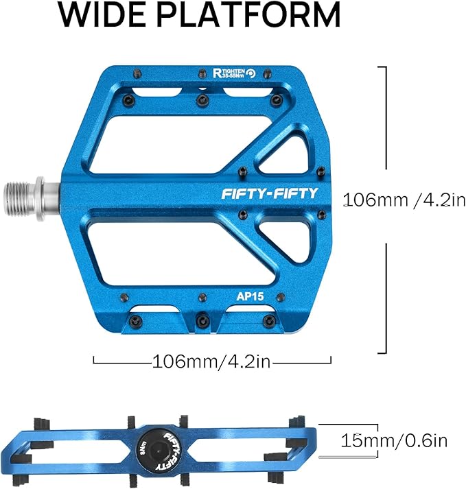 FIFTY-FIFTY Mountain Bike Pedals, Non-Slip and Aluminum Alloy Bicycle Flat Pedals, 9/16" Sealed Bearing, Lightweight and Wide Platform for All Mountain, Enduro, Downhill, E-Bike, MTB