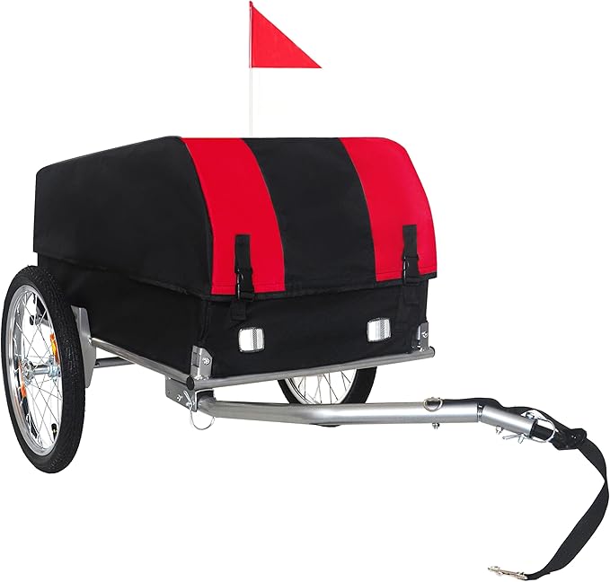 Heavy-Duty Bike Cargo Trailer with Removable Waterproof Cover – 88 lbs Capacity, 16" All-Terrain Wheels & Foldable Design for Camping, Groceries, Hauling Essentials, Black+Red