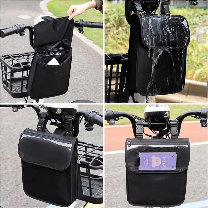 Electric Scooter Bag Storage Pouch Handlebar Attachement Large Capacity with Waterproof Phone Holder Pocket Front Hanging Bags Organizer for Bike Handle Bar eBike Motorcycle Bicycle Escooter