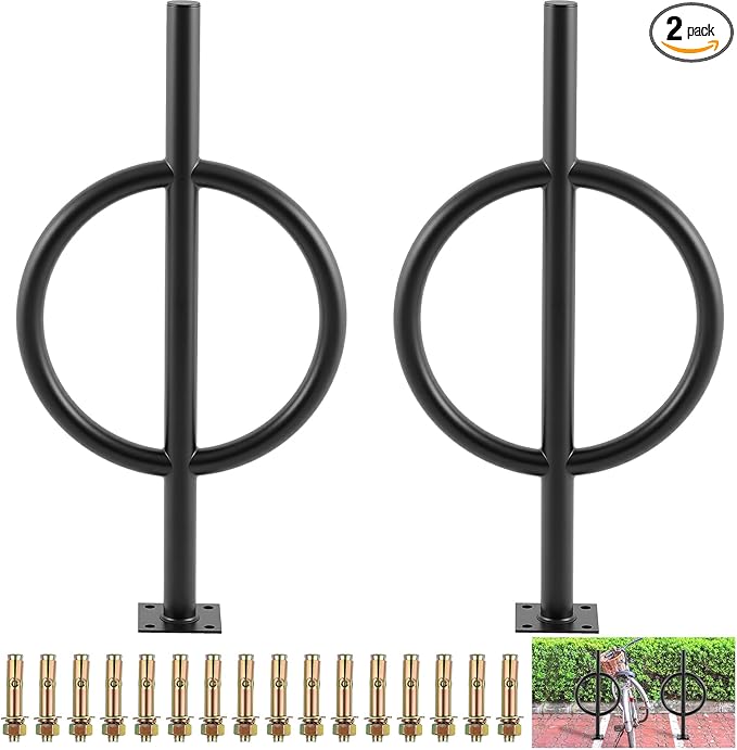 2 Pack 2 Bike Capacity Post and Ring Bike Rack Commercial Bicycle Rack 35" L Heavy Duty Galvanized Steel Bicycle Organizer Ground Parking Stand for Outdoor Garages Streets Yards Sidewalks