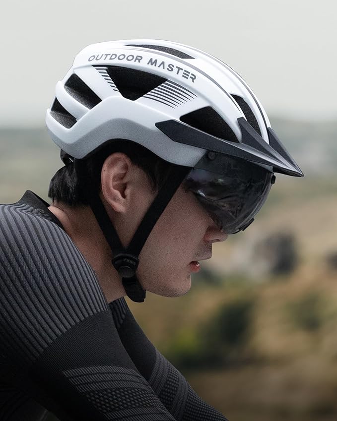 OutdoorMaster Adult Bike Helmet - Bicycle Helmet with Rechargeable Rear LED Light, Detachable Magnetic Goggles, Removable Sun Visor - Suitable for Commuting and Cycling for Men and Women