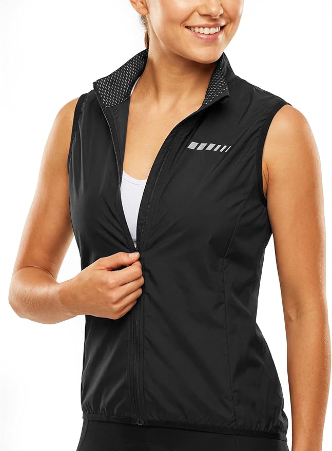qualidyne Women's Windproof Cycling Vest, Lightweight Full-Zip Breathable Sleeveless Bike Jacket, 1 Back Pocket, Reflective