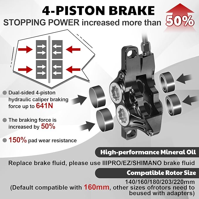 BUCKLOS IIIPRO MTB 4 Pistons Hydraulic Disc Brake Set Front 800mm and Rear 1550mm with Ceramic Brake Pad for Mountain Bike(Pre-Bled)