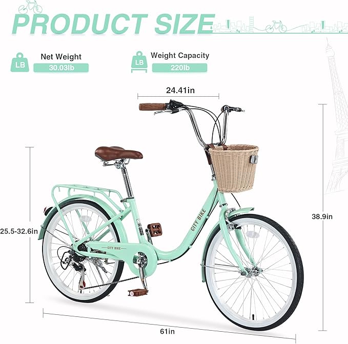 22/26 Inch Women's Bike Beach Cruiser Bike for Women/Girls，City Hybrid Bike 7 Speeds Adult Bicycle Commuter Bike for Women Men,4 Colors